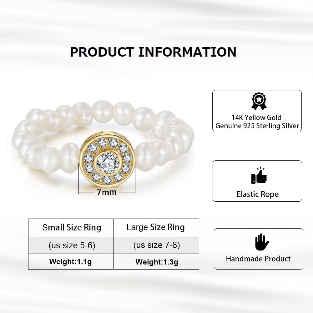 Sterling Silver Handpicked Baroque Pearls Finger Rings for Women, Freshwater White Pearl & CZ Ring Beads Elastic Rings