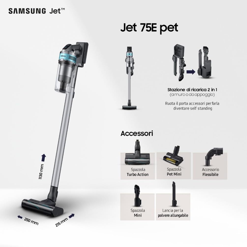 Samsung Scopa Elettrica VS20C852FTB/WA Jet 85 Premium, Potenza 210W, Aspirapolvere Senza Filo, Fino a 60 Min di Autonomia