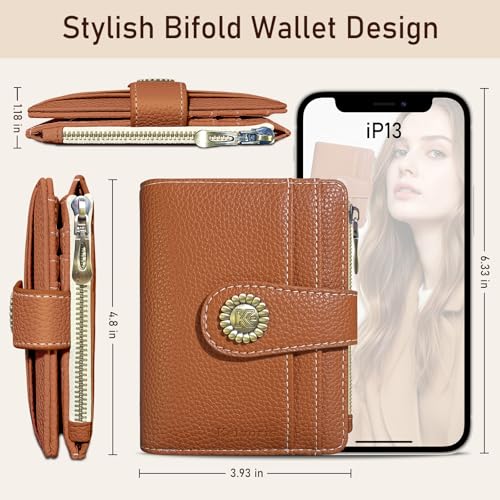 Image of Kelvoris Small Rfid Women Wallet Bifold Zipper Coin Pocket PU Leather Compact Cash Credit Card Holder Travel Wallet for Female Ladies Teen Girls 1 ID Window 10 Card Slots Caramel