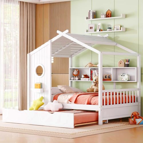 Image of Full Size House Bed with Roof and Window for Kids, Wooden Playhouse Bed with Storage Shelves and Trundle for Bedroom Furniture Girls & Boys (White /T2)