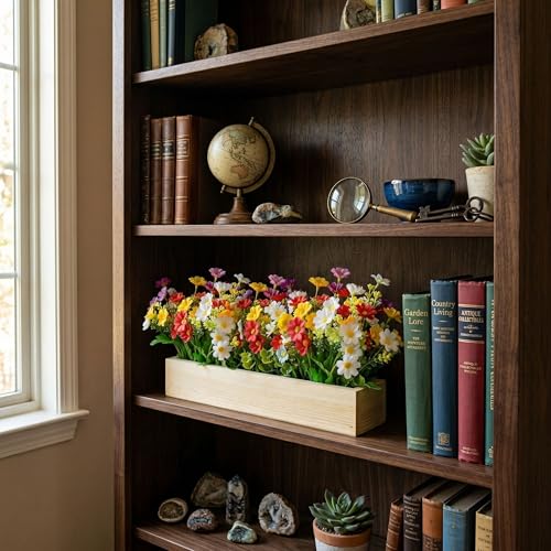 Image of Dekorly Artificial Multi Colour Daisy Flower Arrangement with Wooden Planter (24 CM) | Premium Realistic Floral Decor for Table & Living Room | Stylish Indoor Decor for Living Room