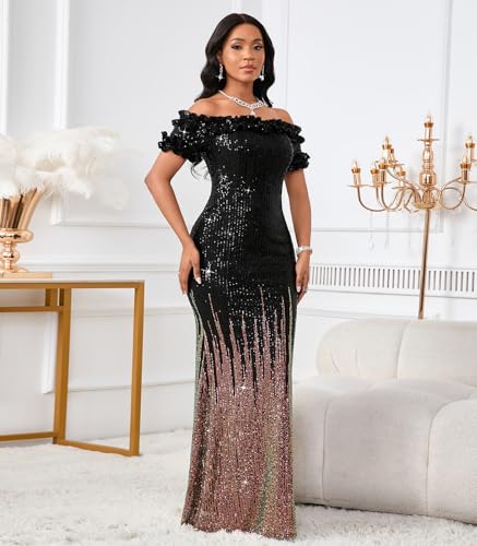 Image of dasmzper Women Sexy Sequin Off Shoulder Ruffle Short Sleeve Bodycon Mermaid Party Formal Evening Maxi Dress