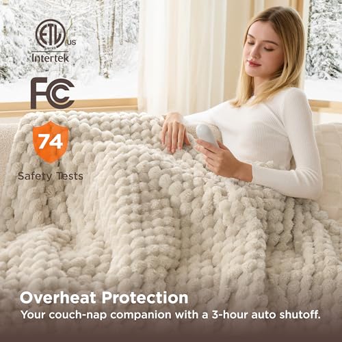 Image of Bedsure Heated Blanket Throw - Super Soft Flannel Sherpa Electric Blanket with Bubble Pattern, Heating with 6 Heating Levels, 4 Time Settings, and 3-Hour Auto-Off (Light Brown, 50x60 inches)