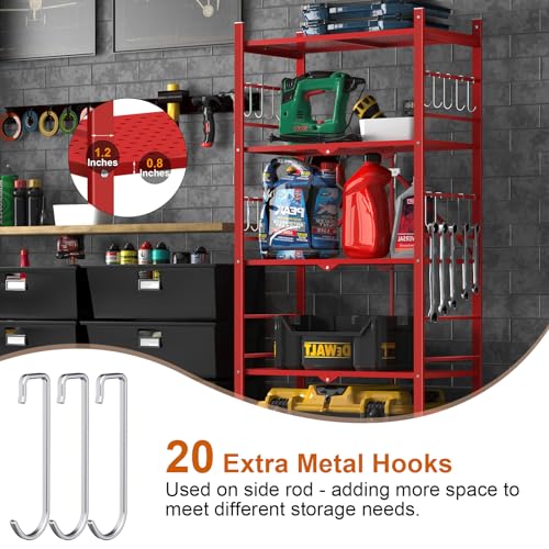 Image of Himix 5-Tier Foldable Storage Shelf 20 Hooks Wheels Garage Red No Assembly