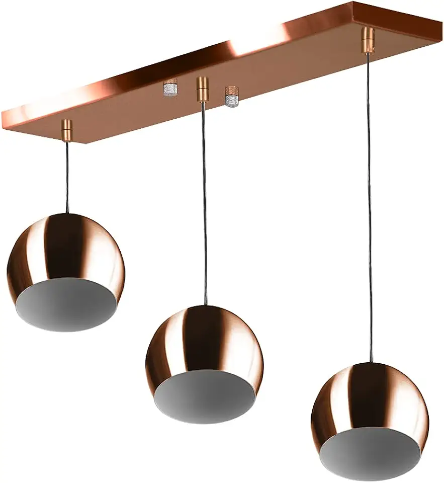 Lustre Pendente Bola Triplo Base Retangular Cobre