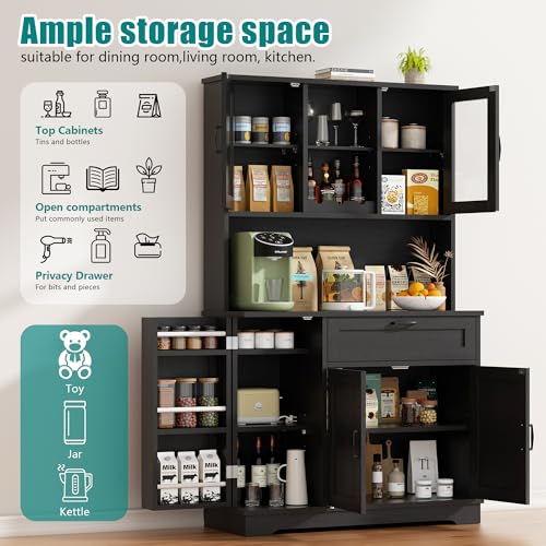 Image of Vongrasig Tall Pantry Cabinet, Kitchen Storage Cabinet with Display Door,Farmhouse Kitchen Hutch with Adjustable Shelves for Dining Room, Black