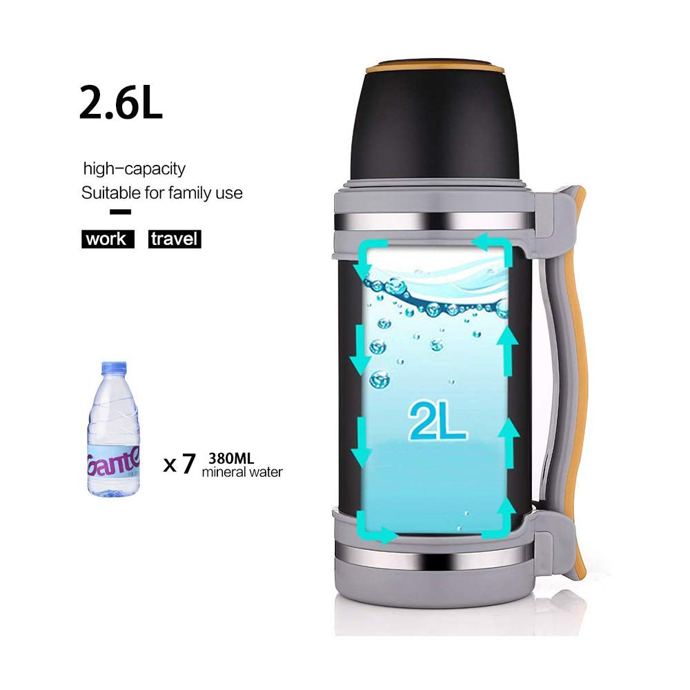 Termo de Viaje 2/2.6 litros, Botella de Agua Acero Inoxidable sin BPA, Camping o Senderismo. Caliente o Frio más de 24 Horas, Agua, Café, Leche, Té o Mate (blue,2600ML)