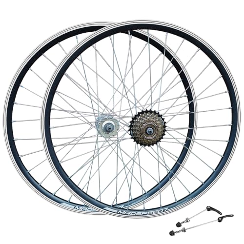 Madspeed7 QR 26" (ETRTO 559x19) Mountain MTB Bike Wheel Set + 7 speed Freewheel (14-28t) – Rim & Disc Brake Compatible – Sealed Bearings Hubs (Very Smooth Hubs) – Double Wall – 32x Silver Spokes