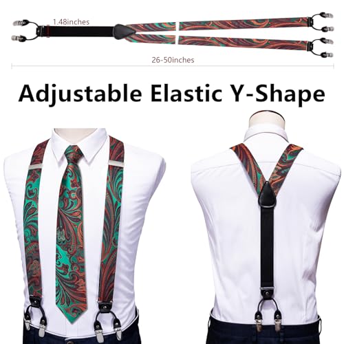 Image of Barry.Wang Men Suspender Set with Necktie Elastic Y Type Heavy Duty 6 Clips Braces Tie Handkerchief Cufflink Pin 6PCS