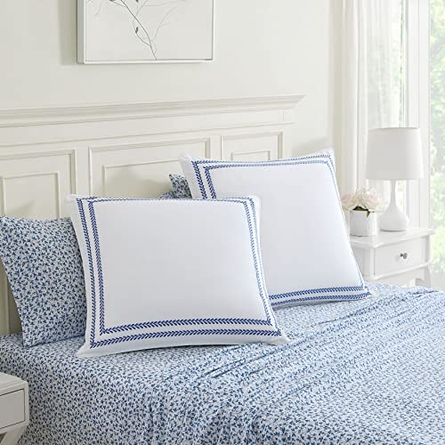Image of Laura Ashley - Euro Sham Covers, Soft Cotton Decorative Pillow Covers with Zipper Closure, 26x26, Room Decor with Embroidered Vine Border, Set of 2 (White /Deep Blue)