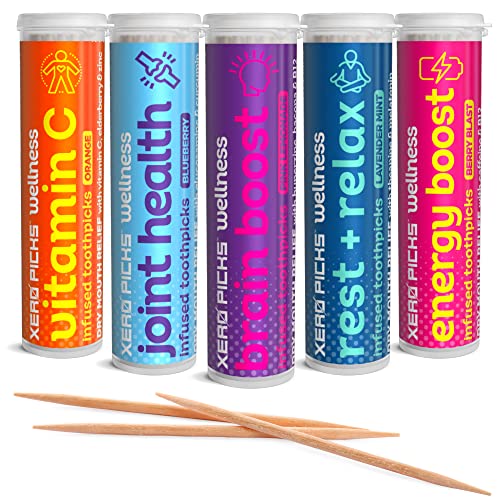 Cure-dents aromatisés Xero Picks Wellness pour bouche sèche, haleine fraîche, lot de 5 variétés