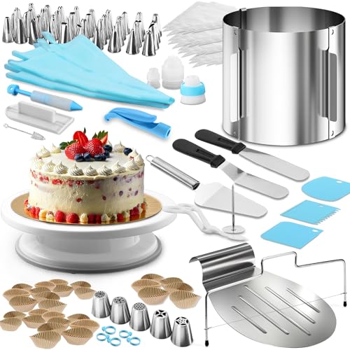 4smile 144 Teile Torten-Zubehör-Set mit Tortenring verstellbar hoch 15 cm + Tortenschneider, Tortenheber, Streichwerkzeug, Tortenplatte drehbar, Torten-Deko Set XXL