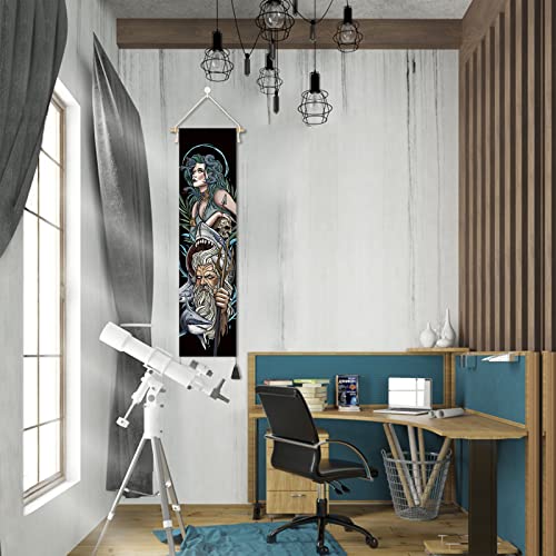 Hanging Poster Canvas Wall Art Painting Of Greek Mythology Characters Tapestry Poseidon And Medusa Wall Tapestry With 2 Tassels And Wooden Hanging Rod Wall Decor Tapestry Decoration For Room #TOP2