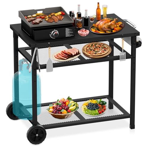 Carro de barbacoa al aire libre - Mesa portátil para horno de pizza con ruedas, mesa de comedor para exteriores con dos estantes de malla para fiestas en casa, camping, exteriores