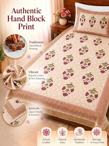 Image of Mafatlal 144 TC Heritage Single Size (90x60 inches) Floral Printed Twin Bedsheet with Pillow Cover | Soft 100% Pure Cotton Bedsheet Set | Cream