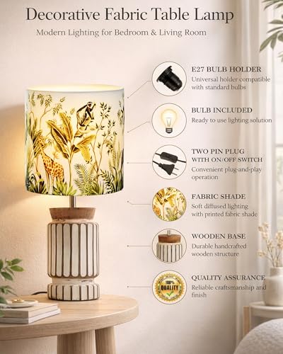 Image of Homesake Retro Farmhouse Table Lamp for Living Room Bedroom Rustic Linen Bedside Nightstand Lamps for Kids Room Study Office Wood, Carved Cylinder, (Jungle)