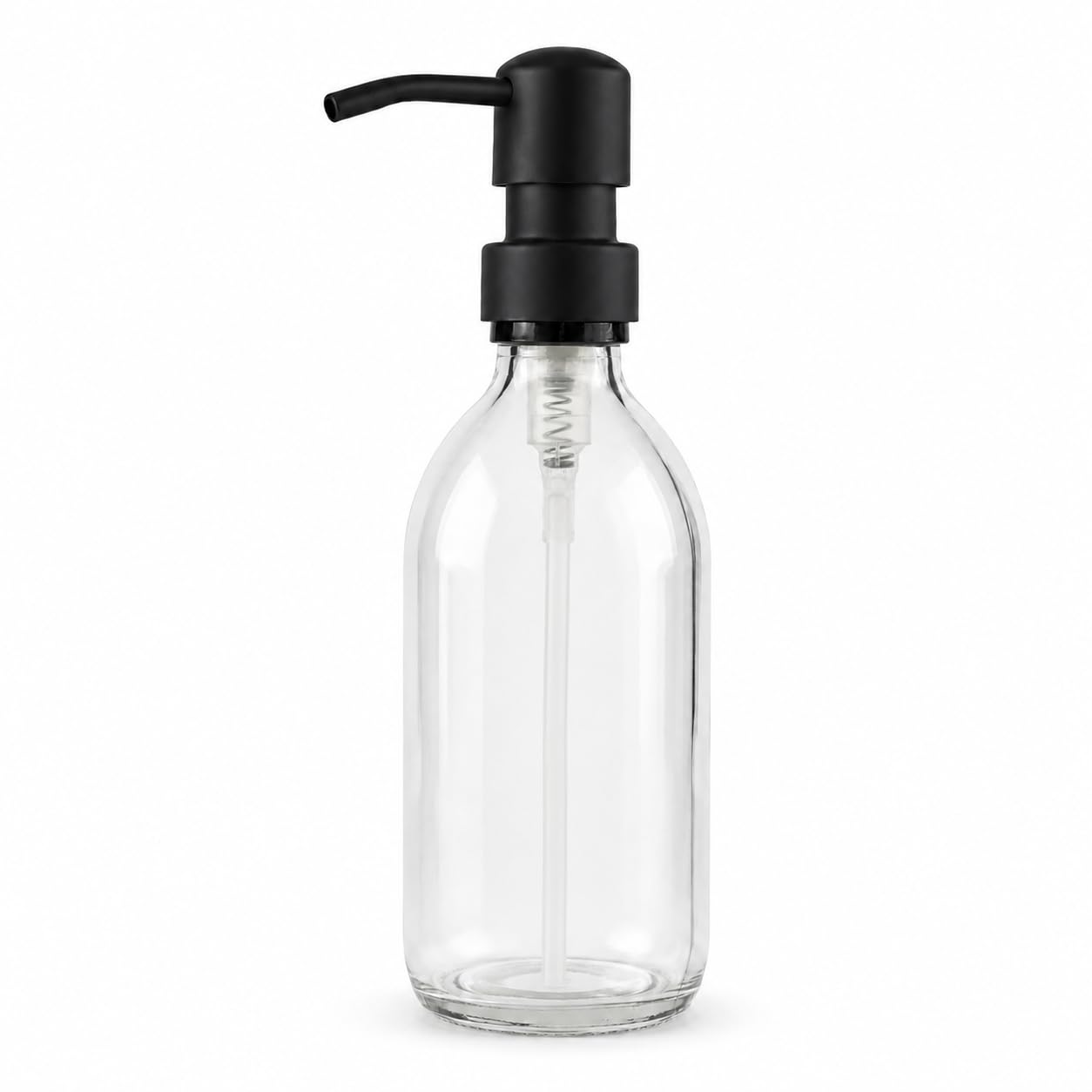 Clear Glass Soap Dispenser Bottle 250ml with Matte Black Pump, Refillable Empty Bathroom Hand Soap Bottle, Kitchen Washing Up Liquid Dispenser, Lotion Shampoo Pump Bottle