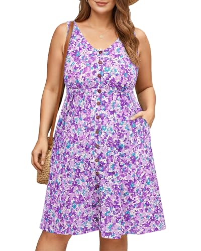 Image of Holipick Women's Plus Size Summer Dresses for Women Casual Dress with Pockets A-Line Swing Button Down Sleeveless V Neck