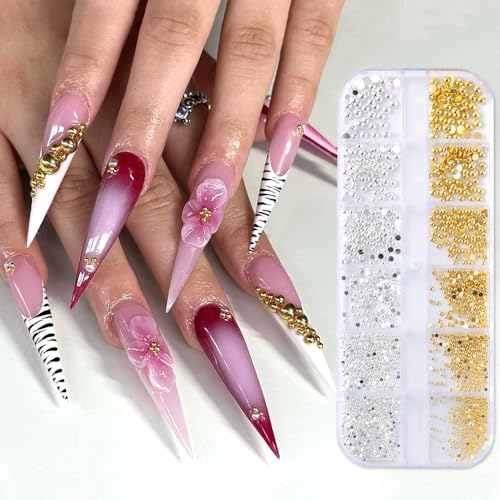Silver and Gold Nail Charms and Gems, Mixed Sizes Half Round Flatback Stainless Steel Beads Metallic Caviar Beads Nail Rivets Studs Jewels with Tweezers Manicure Decorations DIY Crafts