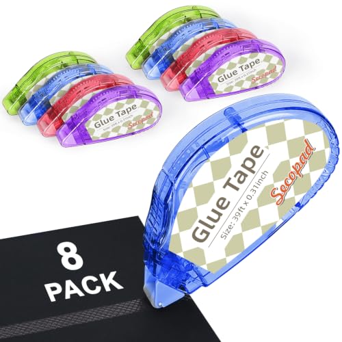 Image of Secopad Scrapbook Tape, 0.3IN x 39FT Double Sided Tape Roller for Crafts, Adhesive Glue Runner Scrapbooking Supplies Journaling School Office Supplies for Kids and Adults, 8 Pack, Bright-Color Shell
