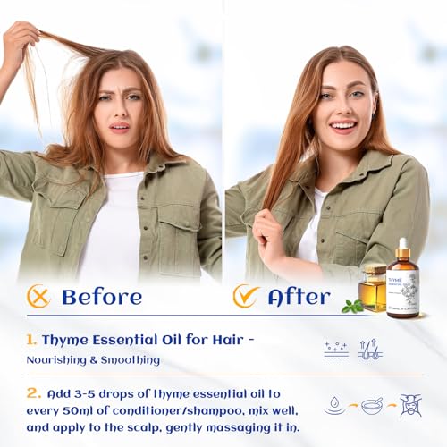 Image of HIQILI 3.38 Fl Oz Thyme Essential Oil, 100% Pure Undiluted for Hair, Skin, Diffuser, Aromatherapy, Includes 10ML Travel Bottle - 100ML