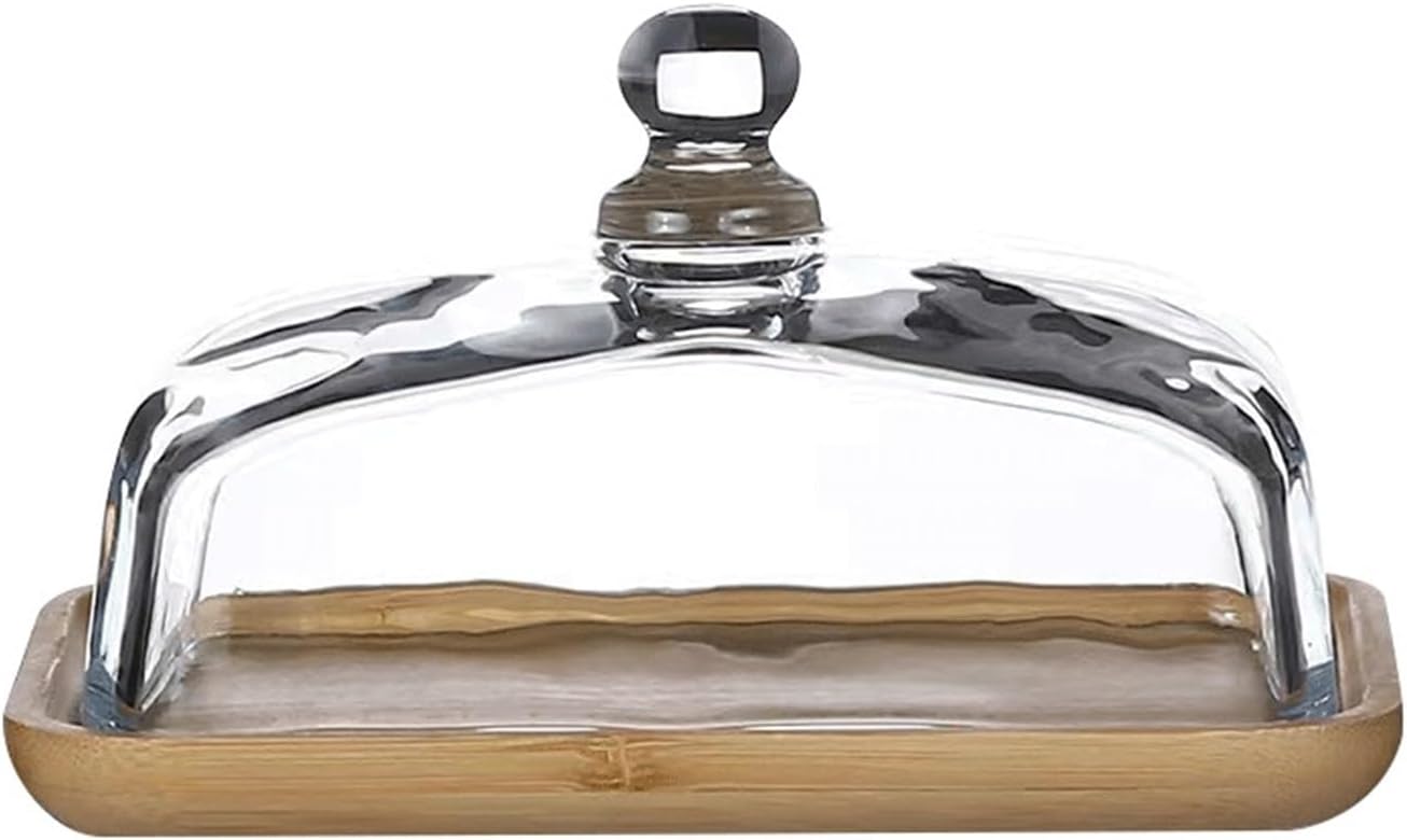 Butter Dish Wooden Butter Dish with Glass Lid Cheese Box Snack Plate Cake Dessert Display Butter Container