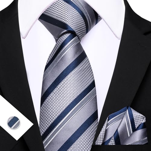 Image of Barry.Wang Mens Tie Set Plaid Check Neckties Formal Business Wedding Luxury Pocket Square Cufflinks