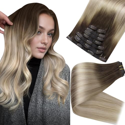 Image of Full Shine Seamless Clip in Hair Extensions Human Hair, Ombre Dark Brown to Ash Blonde and Platinum Blonde, Invisible PU Weft, Remy for Women, 16 Inch 120g 8 Pcs