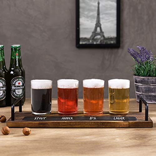 Mygift Beer Tasting Glasses And Wooden Fight Board Set Includes 4 Beer Glasses And Rustic Burnt Brown Wood Serving Tray With Metal Handles And Chalkboard Label #TOP3