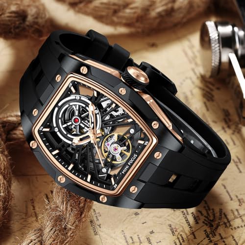 Image of MF MINI FOCUS Unique Men Watches,Automatic Mechanical Watch,Luxury Hollow Tonneau Watches for Men with Stainless Steel Case and Silicon Band (Self-Wind Movement /5ATM Waterproof /Super Luminous)