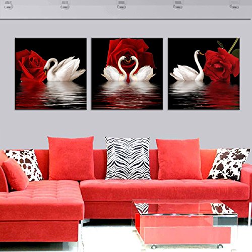 3Pcs Beautiful Romantic Swans Art Print On Canvas Red Rose Flowers Wall Art Pictures Picture Poster For Home Office Hotel Club Bedroom Bathroom Living Room Wall Decoration (Unframed) 16X16Inchx3Pcs #TOP2