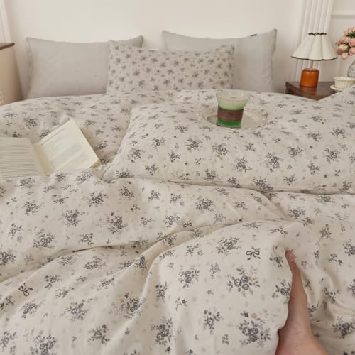 Image of Vintage Gray Ditsy Floral Duvet Cover Set, Cream Off-White Double Layer Gauze Cotton Bedding Set, Soft Breathable Floral Bed Cover for Cottagecore French Country Bedroom Decor, Queen Size