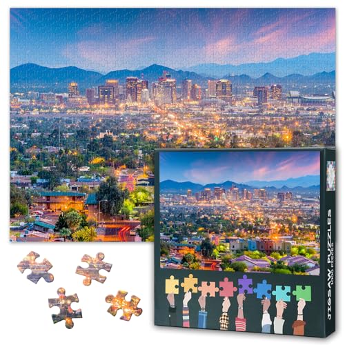 Quebra-cabeças para adultos 1000 peças City Skyline Phoenix, Arizona - Quebra-cabeça difícil e desafiador para a família, 60 x 40 cm EUA Downtown, jogo de quebra-cabeça para mulheres, presente de