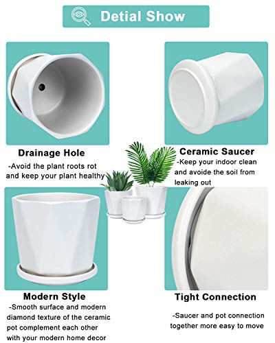 White Ceramic Geometric Indoor Plant Pot with Tray - Set of 3 Middle and Large Modern Planter (5.4\" 6.8\" 8.1\"), Diamond Texture Flower Pots with Drainage Hole and Saucer for Indoor Outdoor Plant