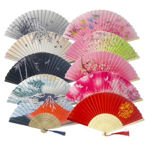WQZOSTC 10pcs Japanese Fan Hand Portable Fan Handheld Chinses Fan Bamboo Fans Retro Fan Home Dancing Party Wedding Silk Bamboo (Multicoloured-10)