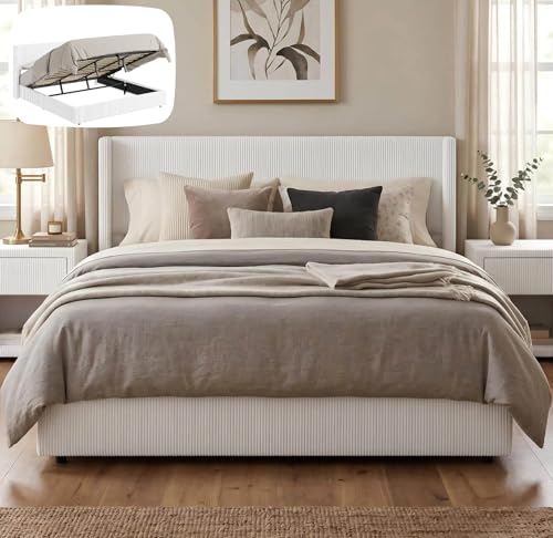 Garvee King Lift Up Storage Bed Frame Corduroy Upholstered Platform Bed with Gas Lift Padded Headboard Wooden Slat Support No Box Spring Needed Easy Assembly White