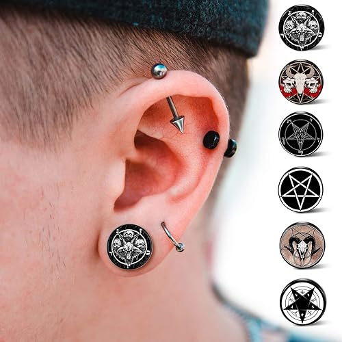 SIISPRI 6Pairs Satan Goat Head Stud Earrings Mens Earrings Set Hypoallergenic Surgical Punk Magic Pentagram Stainless Steel Round Circle Button Stud Post Earrings 10MM2
