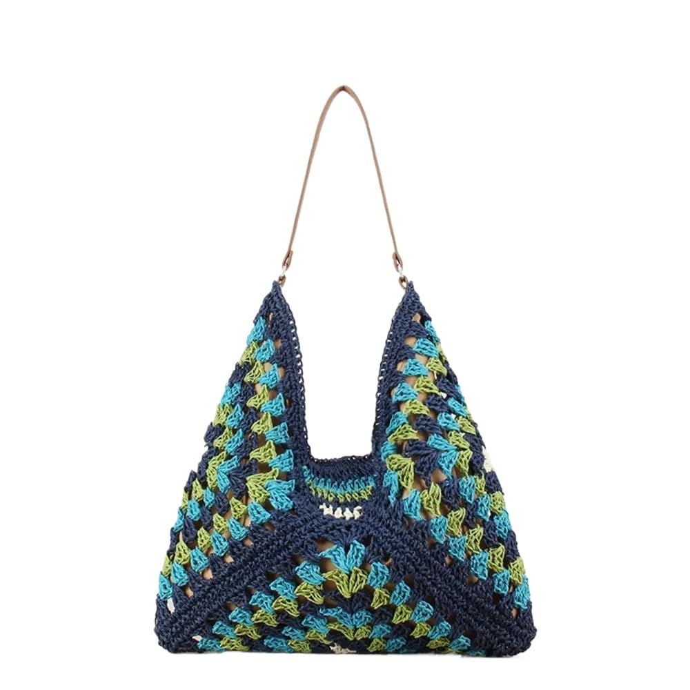 Strohtasche Sommer Hohl Stroh Strand Tasche Handgemachte Gewebte Schulter Tasche Casual Shopping Reisetasche Geflochtene Handtasche Tote Runde Strohtasche(B-Sky Blue)