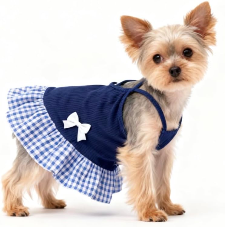 Cute Dog Dress – Navy Blue with Bows & Checkered Skirt
