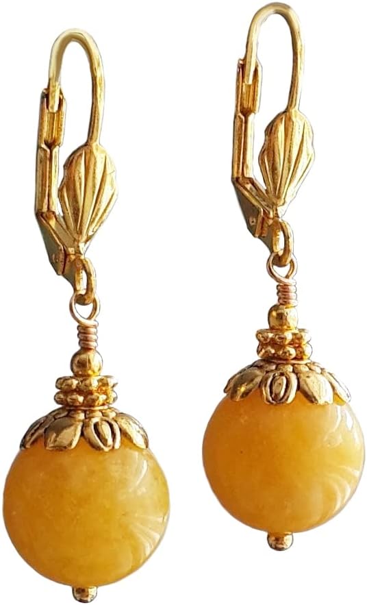Yellow Agate Earrings Round Dangles Jewelry for Women Gold Plated Lever Backs in Gift Box