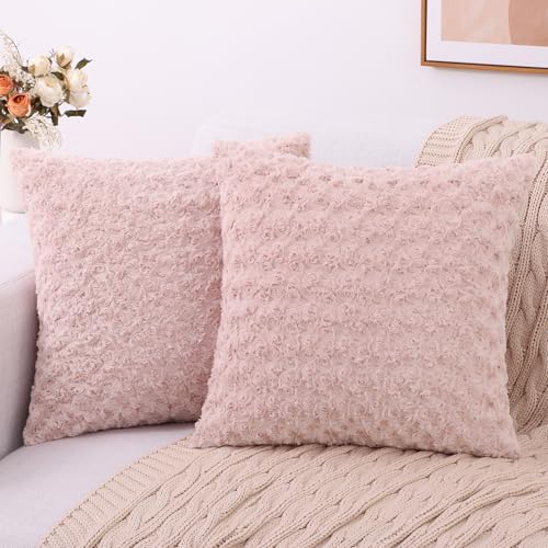 Juego de 2 fundas de almohada de piel rosa con diseño de rosas 3D de 60 x 60 cm, mullidas fundas de almohada decorativas para sofá cama