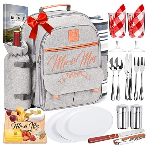 DELUXY Mr and Mrs Insulated Picnic Backpack for 2 - Wedding Gifts for Couple 2022, Cool Bridal Shower Gifts for Bride, Couples Gifts, for Couples Newly Engaged Unique, Anniversary
