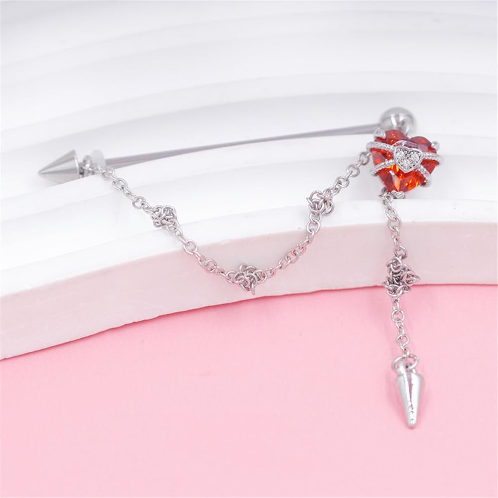 14G CZ Heart Chain Dangle Industrial Barbell for Women 316L Stainless Steel Silver Spike Chains Cartilage Barbell Earring Dainty Industrial Piercing Jewelry 38mm - Image 3