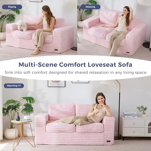 Image of MAXYOYO Loveseat Sofa Couch, Upholstered Bean Bag Chair Cloud Seat for Adults, Boneless Couch with Cushion & Pillows, Sofa in A Box, No Assembly Required, Faux Fur Pink