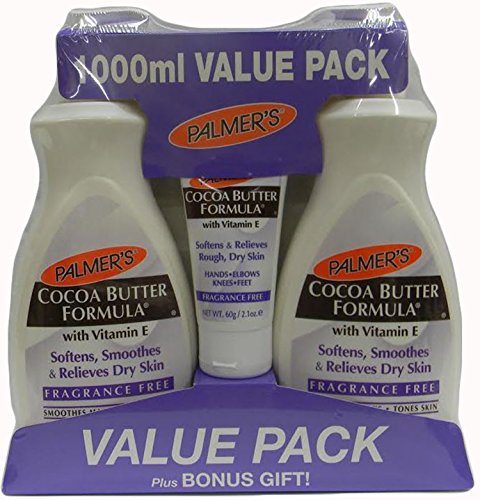 Palmer's Cocoa Butter Formula with Vitamin E Fragrance Free Body Lotion, 17 Ounce with Pump (2 Count) Bonus - 2.1 Ounce Tube