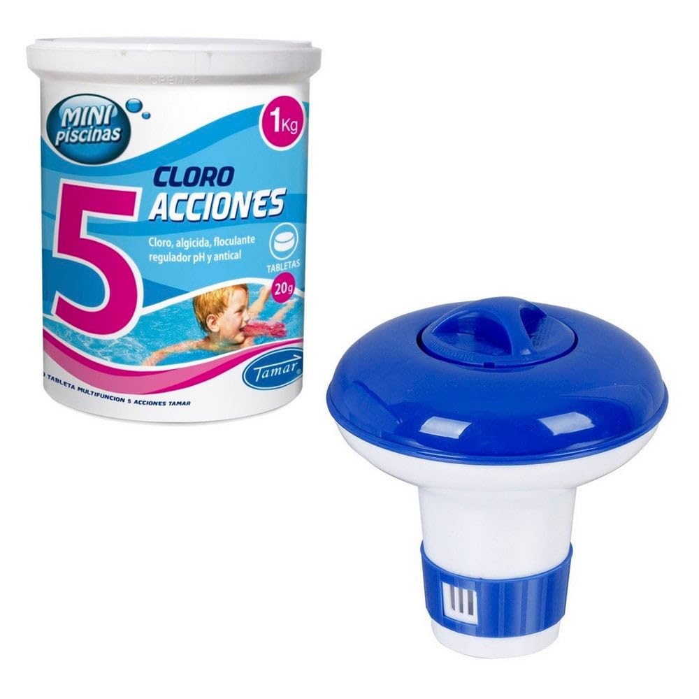 LOLAhome Pack de Tabletas y Dispensador de Cloro Azul y Blanco - Incluye 50 Tabletas de 20 gr de 5 Funciones