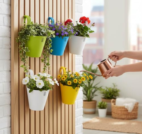 Image of Urban Upvan Plastic Hanging Planters 5 Pcs (8 Inch, Multicolor) | Flower Hanging Pots for Home & Balcony Garden | Hanging Planters for Home Plants | Hooked Hanging Pots