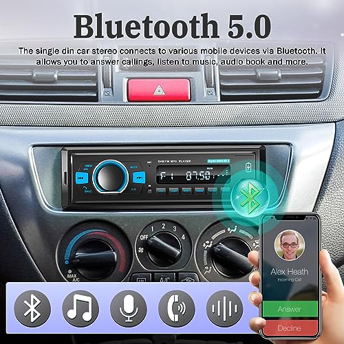 DAB Car Radio Single Din Car Stereo with Bluetooth 5.0/EQ Audio/BT Call/FM Radio/USB Charging/Button Light/TF SD Card Port/AUX-in - Image 3