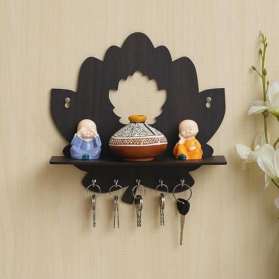 Porte-clés en bois en forme de lotus, cadeau déco avec étagère murale de bureau marron