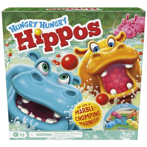 Hungry Hungry Hippos Marble-Chomping Game for Kids, Fast-Paced Family Board Game with 4 Hippos & Marbles, Preschool Party Game for 2–4 Players, Ages 4+, Fun for Families Who Love Classic Games